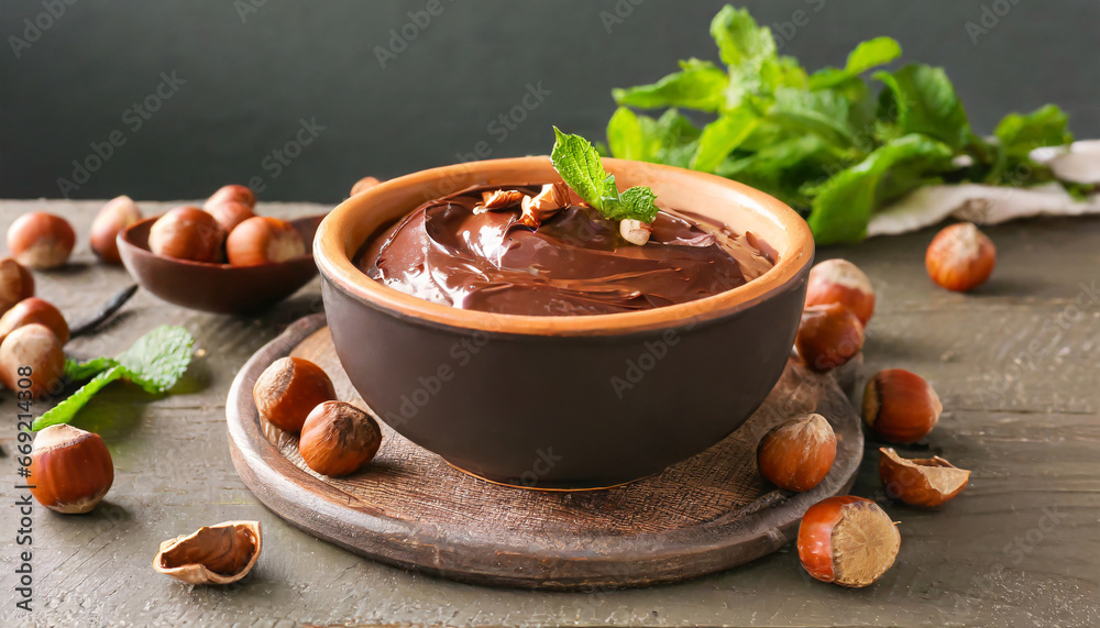 bowl with tasty chocolate paste and hazelnuts on table bowl with tasty chocolate paste and hazelnuts on table