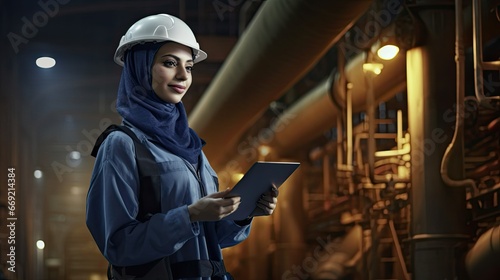 Portrait of engineer or technician worker woman stay in area of pipe network © jambulart