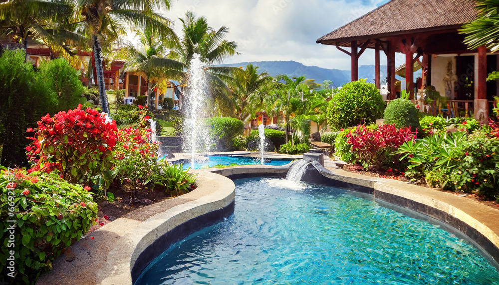 tropical garden with fountain near villa