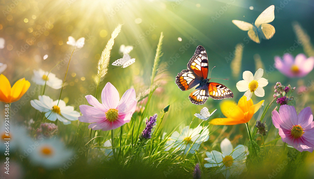 beautiful spring summer background nature with blooming wildflowers wild flowers in grass and two butterflies soaring in nature in rays of sunlight close up spring summer natural landscape - obrazy, fototapety, plakaty 