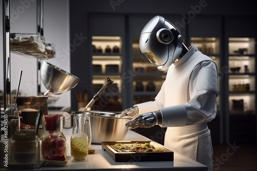 Fototapeta Naklejka Na Ścianę i Meble -  A robot assisting in the preparation of gourmet cuisine, blending technology with culinary arts, love and creativity with copy space
