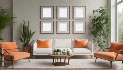 four empty vertical picture frames in a modern living room with white sofa orange pillows and plants wall art mockup set of 4 posters © Art_me2541