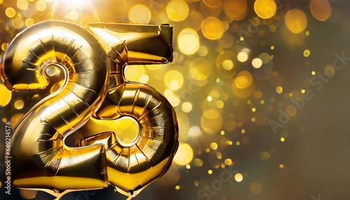 banner with number 25 golden balloons with copy space twenty five years anniversary celebration concept on a yellow background with shiny bokeh photo