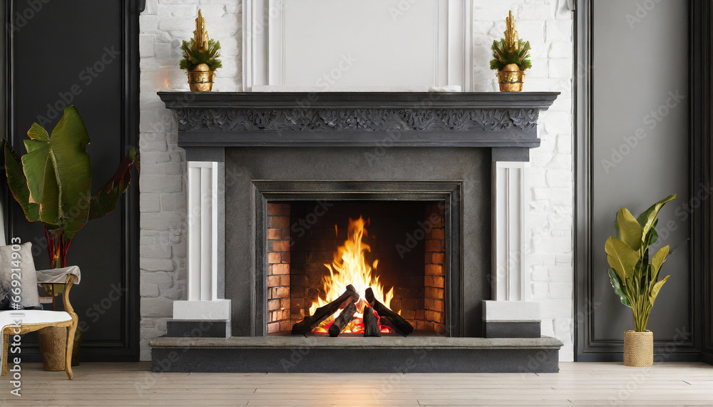 large traditional fireplace with roaring fire empty mantle piece mockup ...
