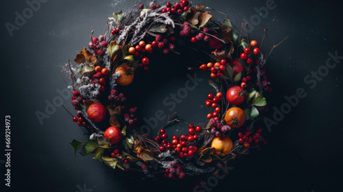 Christmas composition. Christmas wreath on white background. Flat lay, top view, copy space.