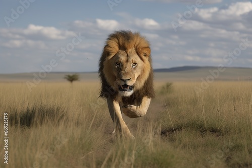 lion jumping at high speed in the grass