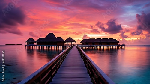 Maldives, pristine beaches, overwater bungalows, crystal-clear waters, sunset glow, feathered clouds, tropical paradise, turquoise lagoons, crimson sky, luxury resorts, tranquil seascape, white sands, © medienvirus