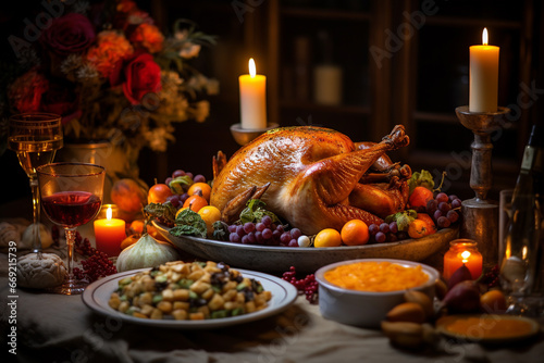 Thanksgiving Dinner with Turkey and Candles, generative AI