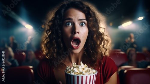 young woman sitting in cinema hall holding bucket of popcorn looking scared or surprised into the camera, eyes and mouth wide open, enjoying and having fun at the movie theater photo