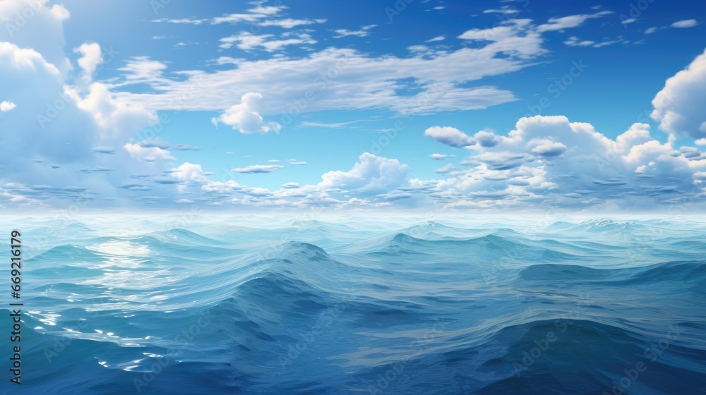 Blue water background with waves and ripples, horizon, blue sky and clouds.
