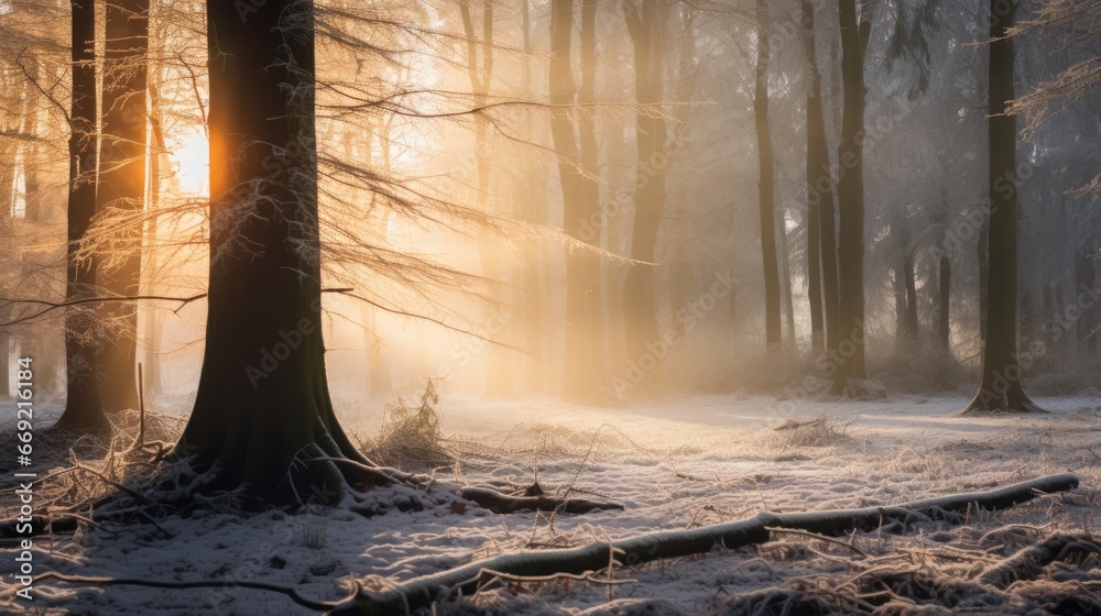 A serene winter morning in a forest clearing, fresh snow covering the ground and tree branches, soft golden sunlight filtering through the trees, creating a tranquil and crisp atmosphere A serene winter morning in a forest clearing, fresh snow covering the ground and tree branches, soft golden sunlight filtering through the trees, creating a tranquil and crisp atmosphere