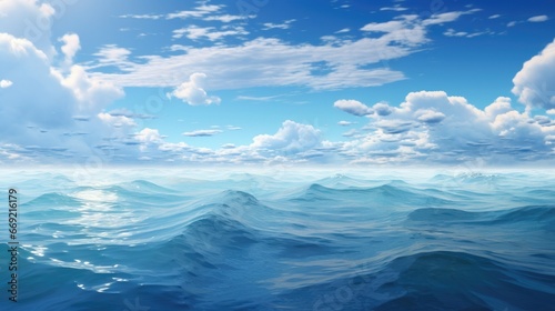 Blue water background with waves and ripples, horizon, blue sky and clouds.
