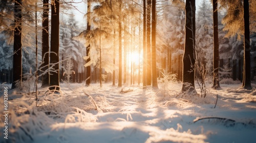 A serene winter morning in a forest clearing, fresh snow covering the ground and tree branches, soft golden sunlight filtering through the trees, creating a tranquil and crisp atmosphere © medienvirus