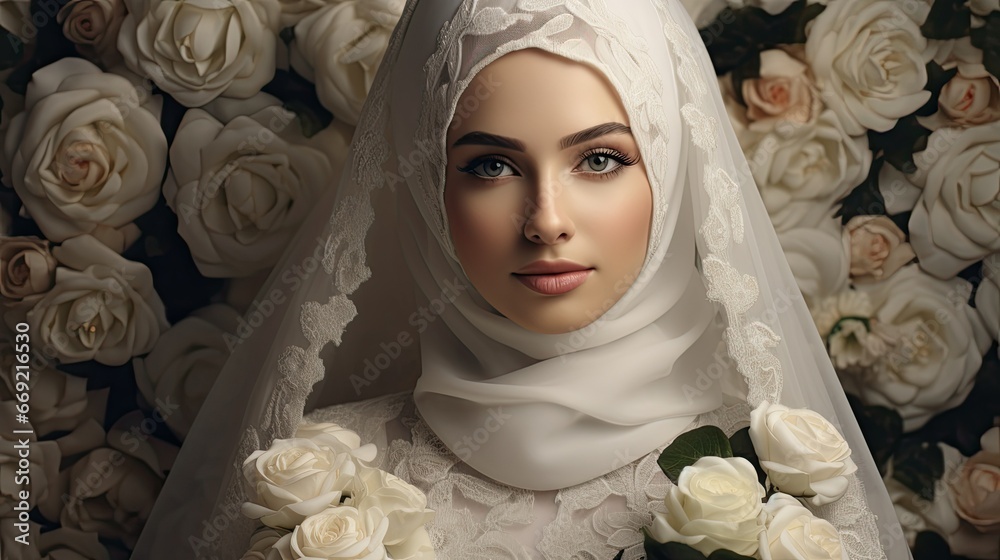 Beautiful model in white muslim wedding dress and bridal headdress with flowers