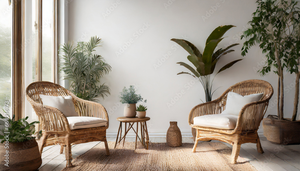 empty white wall mockup in boho room interior with two wicker armchairs and pot with plants natural daylight from a window background wall art mockups empty white wall mockup in boho room interior with two wicker armchairs and pot with plants natural daylight from a window background wall art mockups