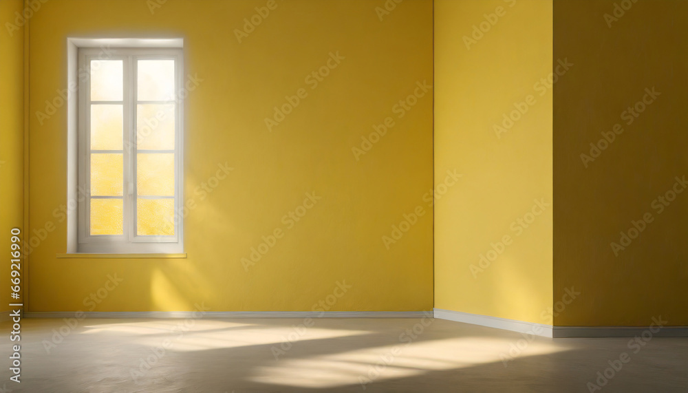 Fototapeta premium monochrome pastel yellow empty room with light from window in modern house wall scene mockup for showcase textured painted wall copyspace