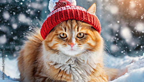 a cute ginger cat in a red knitted hat sits in the snow snowy winter background concept of pets family members