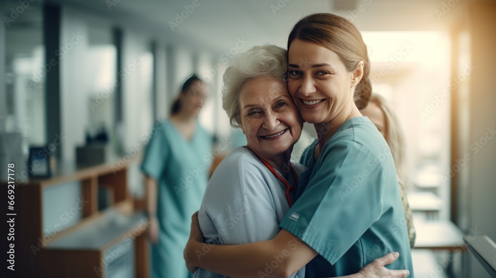 Obraz premium Nurse hug, senior woman and patient at a hospital with support, care and smile at work 