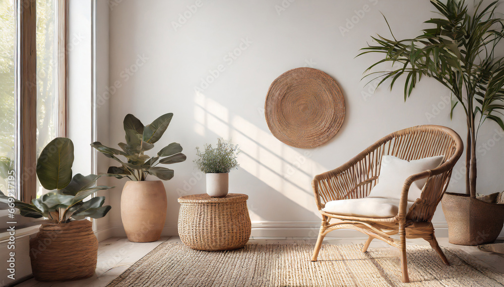 empty white wall mockup in boho room interior with wicker armchair beige pot with plants and coffee table natural daylight from a window promotion background generative ai - obrazy, fototapety, plakaty 