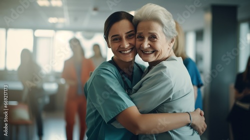 Nurse hug, senior woman and patient at a hospital with support, care and smile at work 