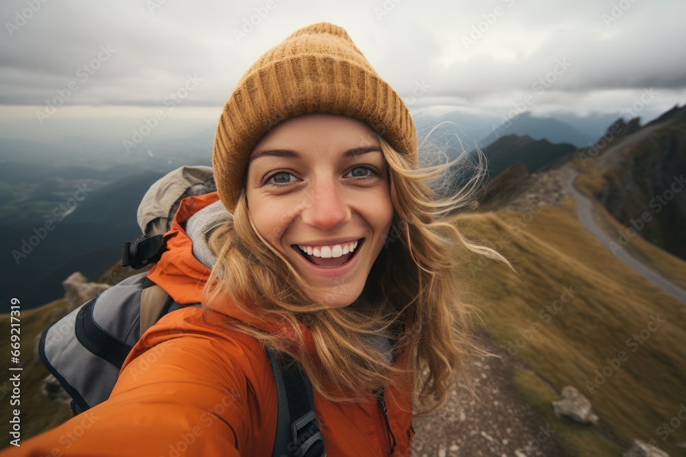 Photo of woman taking selfie on top of mountains with happy face generative ai