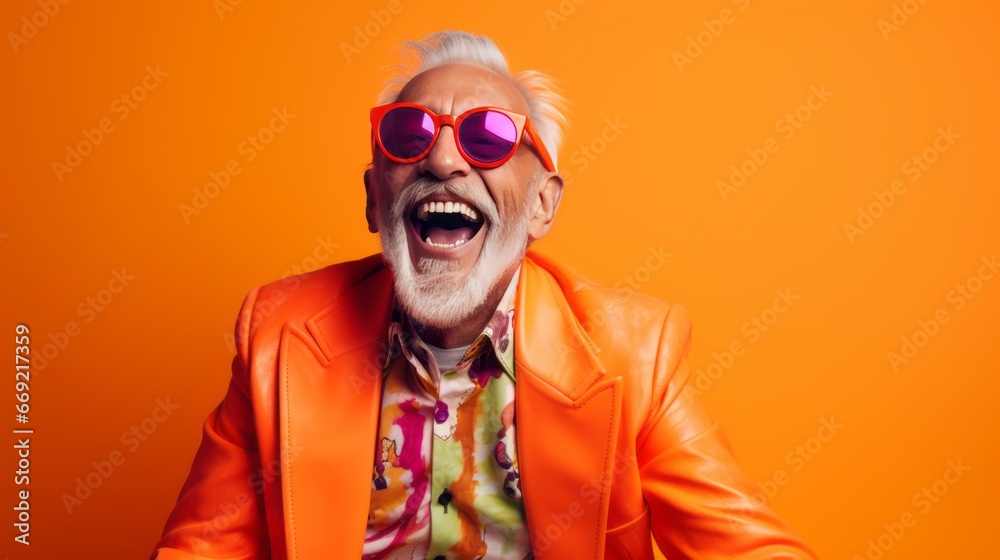 Fototapeta premium Happy senior man in colorful orange outfit, cool sunglasses, laughing and having fun in fashion studio