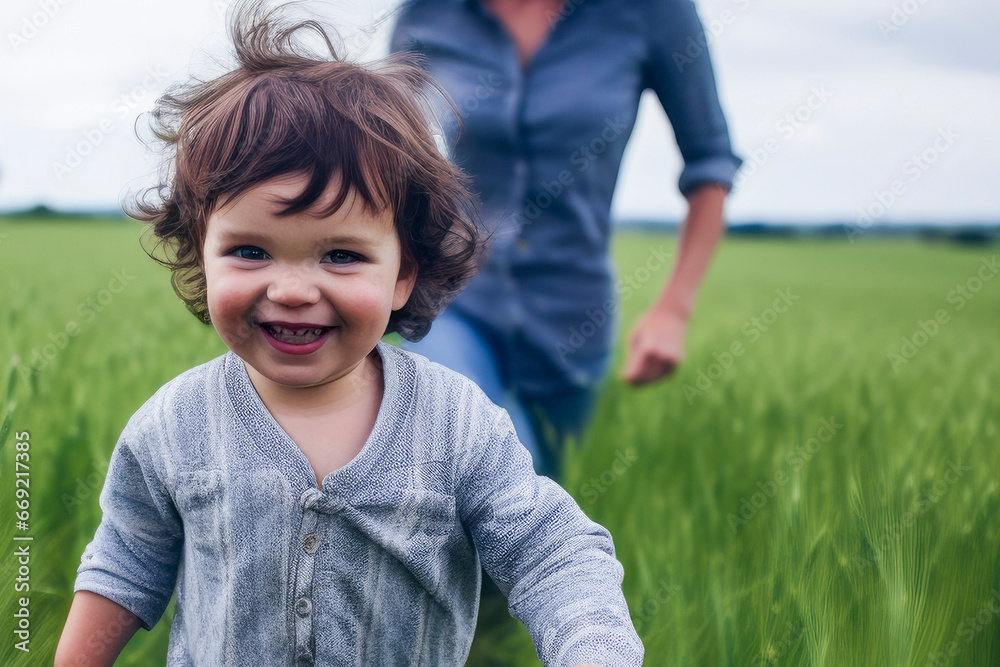 young boy and his family happy in a grassy field young boy and his family happy in a grassy field