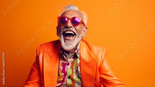 Happy senior man in colorful orange outfit, cool sunglasses, laughing and having fun in fashion studio © medienvirus