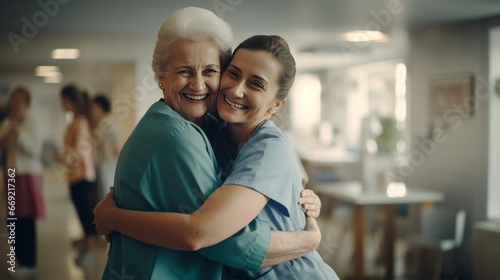 Nurse hug, senior woman and patient at a hospital with support, care and smile at work 