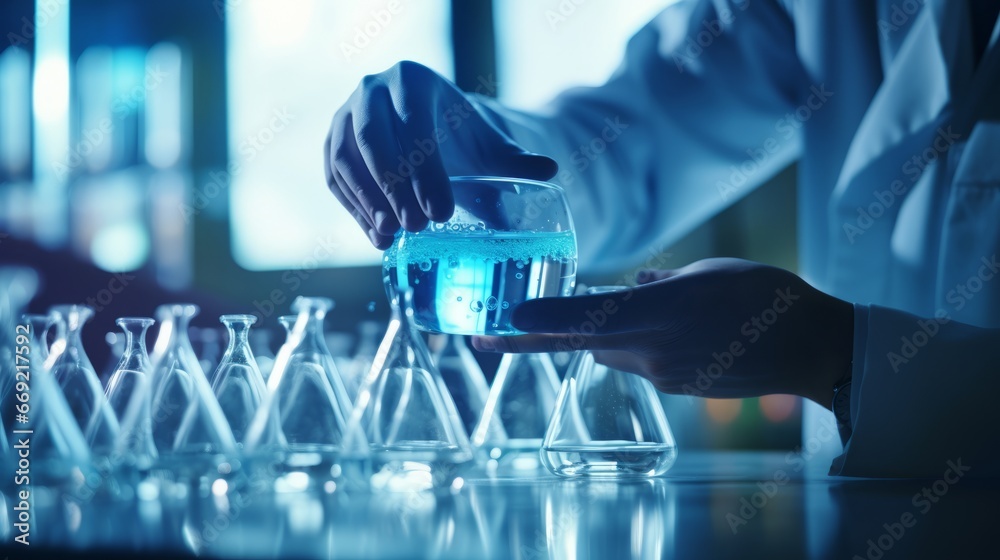 Scientist in laboratory analyzing blue substance in beaker, conducting medical research for pharmaceutical discovery, biotechnology development in healthcare, science and chemistry Scientist in laboratory analyzing blue substance in beaker, conducting medical research for pharmaceutical discovery, biotechnology development in healthcare, science and chemistry