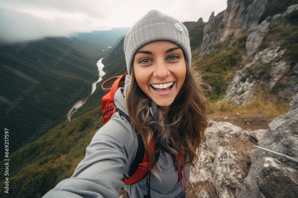Photo of woman taking selfie on top of mountains with happy face generative ai