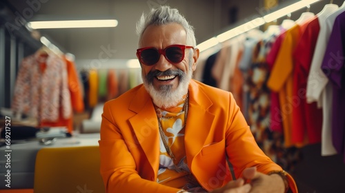 Happy senior man in colorful orange outfit, cool sunglasses, laughing and having fun in fashion studio 