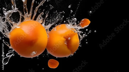 Apricots splashing into water on black background