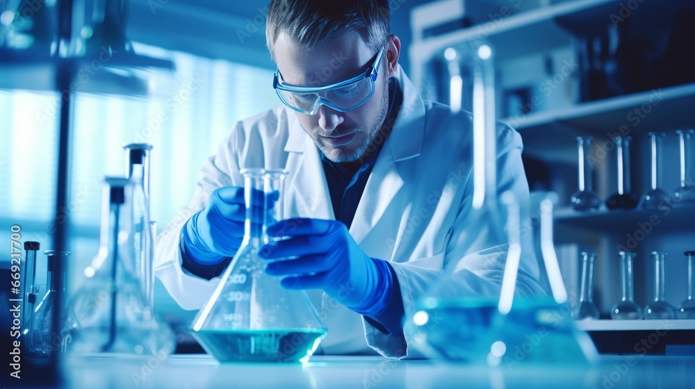 Scientist in laboratory analyzing blue substance in beaker, conducting medical research for pharmaceutical discovery, biotechnology development in healthcare, science and chemistry Scientist in laboratory analyzing blue substance in beaker, conducting medical research for pharmaceutical discovery, biotechnology development in healthcare, science and chemistry