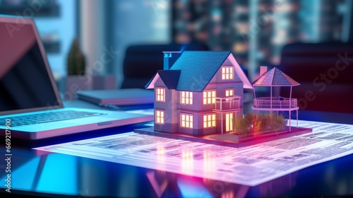 a concept holo 3d render model of a small living house on a table in a real estate agency. signing mortgage contract document and demonstrating. futuristic business. blurry background 