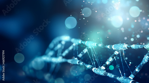 A DNA helix and molecules with AI analyzing genomic data, Machine learning background, blurred background, with copy space