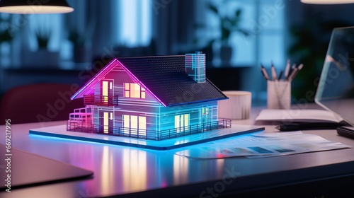 a concept holo 3d render model of a small living house on a table in a real estate agency. signing mortgage contract document and demonstrating. futuristic business. blurry background 