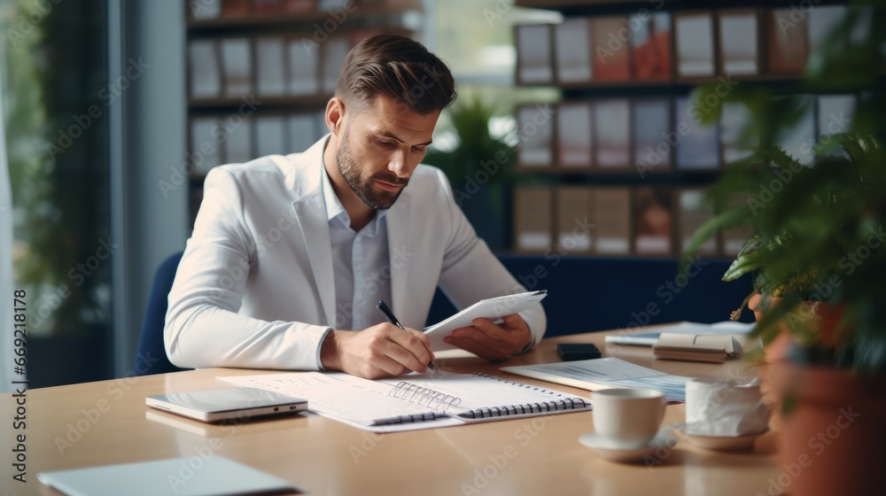 Event planner timetable agenda plan on organize schedule event. Business man using mobile phone and taking note on calendar desk on office table