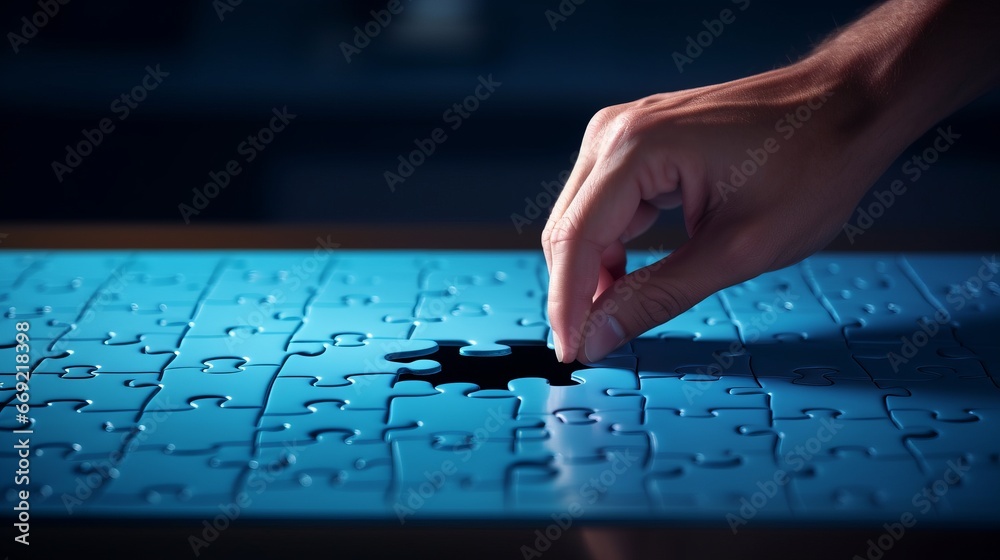 Completing blue jigsaw puzzles with the last piece on light leaked hole gap in dark room by hand background. Business success strategic solutions and problem solving challenge Completing blue jigsaw puzzles with the last piece on light leaked hole gap in dark room by hand background. Business success strategic solutions and problem solving challenge