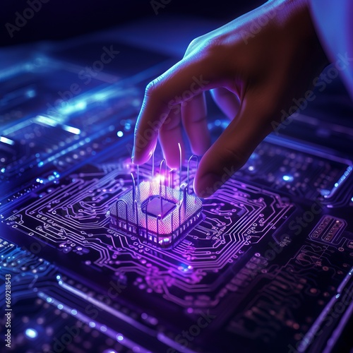 Artificial intelligence AI brain circuit board in shape electronic PCB circuit icon symbol businessman hand touching cyberpunk blue purple violet neon cyberspace innovative technology Machine learning