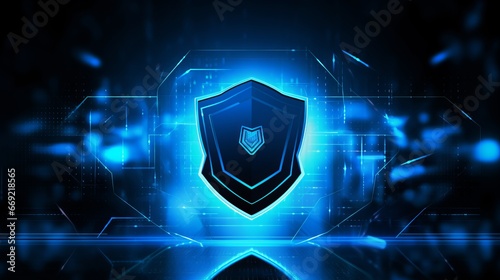 Futuristic cyber security shield guard blue abstract digital glowing background. Hacking technology computer network protection concept 