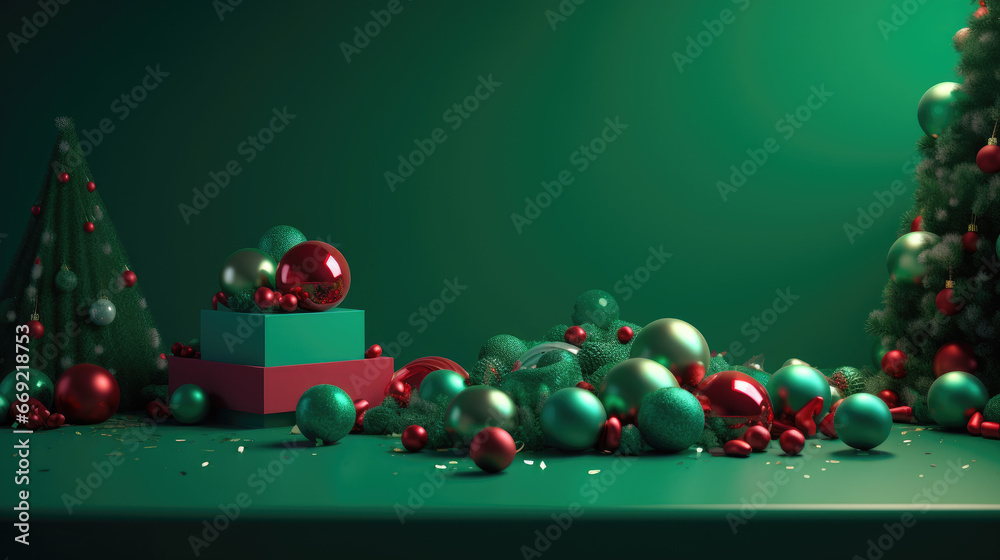 Christmas green podium with firs, candy canes, christmas balls, confetti and stars. Holiday background and festive decorations. Christmas and new year 3D scene, podium for product display. Christmas green podium with firs, candy canes, christmas balls, confetti and stars. Holiday background and festive decorations. Christmas and new year 3D scene, podium for product display.