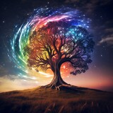 A tree with rainbow leaves star trail photography Ai generated art