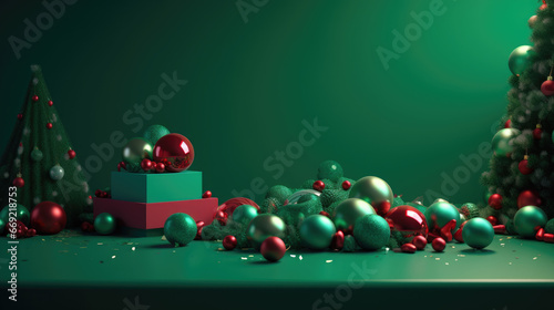 Christmas green podium with firs, candy canes, christmas balls, confetti and stars. Holiday background and festive decorations. Christmas and new year 3D scene, podium for product display.