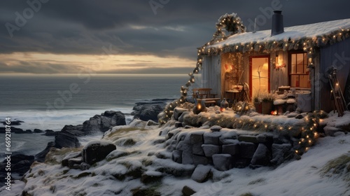 A snowy Christmas in Ireland, the outside of a small Irish house, decorated for Christmas, on a cliff overlooking the sea
