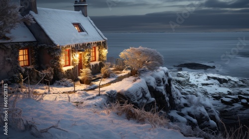 Leinwand Poster A snowy Christmas in Ireland, the outside of a small Irish house, decorated for