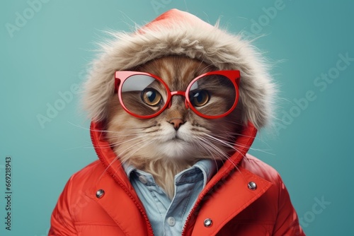A fashionable cat with glasses and a red jacket with a hood. The concept of humanization of animals. 