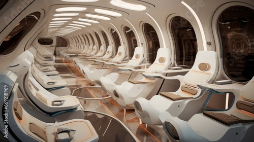 A plane cabin of the future multiple levels of seats  photo