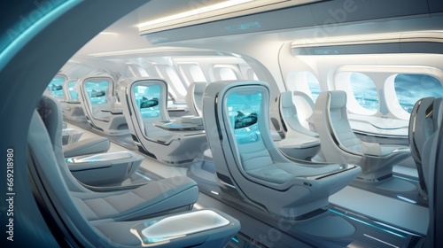 A plane cabin of the future multiple levels of seats 