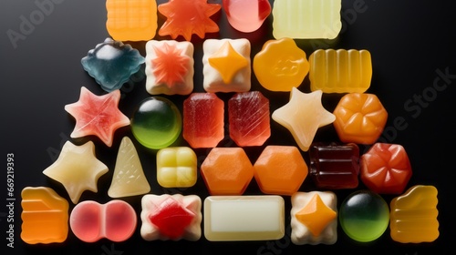 contemporary candy-coated, a variety of geometric gummy shapes on black background, with colors including yellow, orange, pale green, in the style of symmetrical grid 